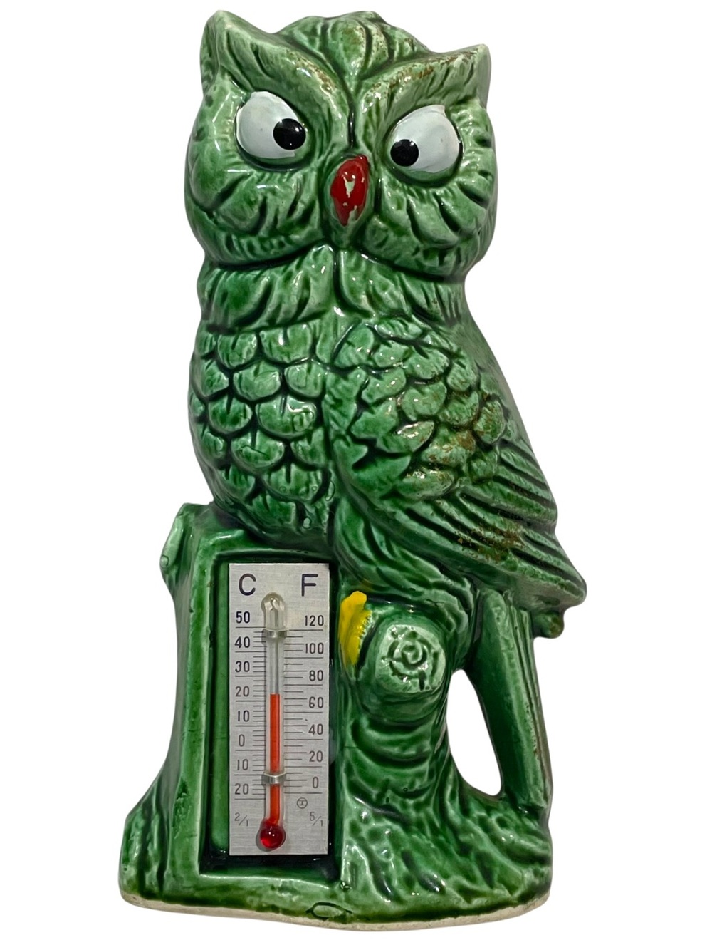 Vintage 1970s Green Ceramic Owl Thermometer And Pen Holder - Japan MCM